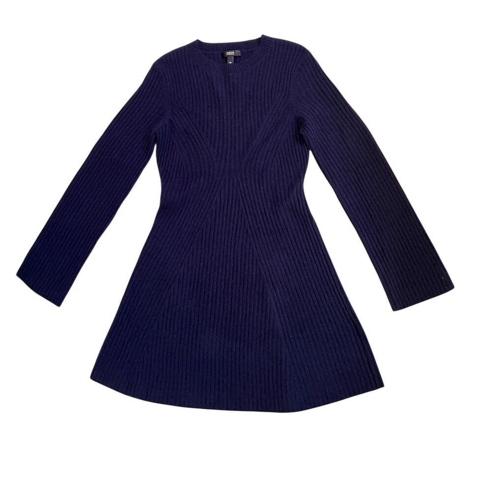 AQUA 100% Cashmere Contour Ribbed Mini Dress Navy Blue Women's Small NWOT